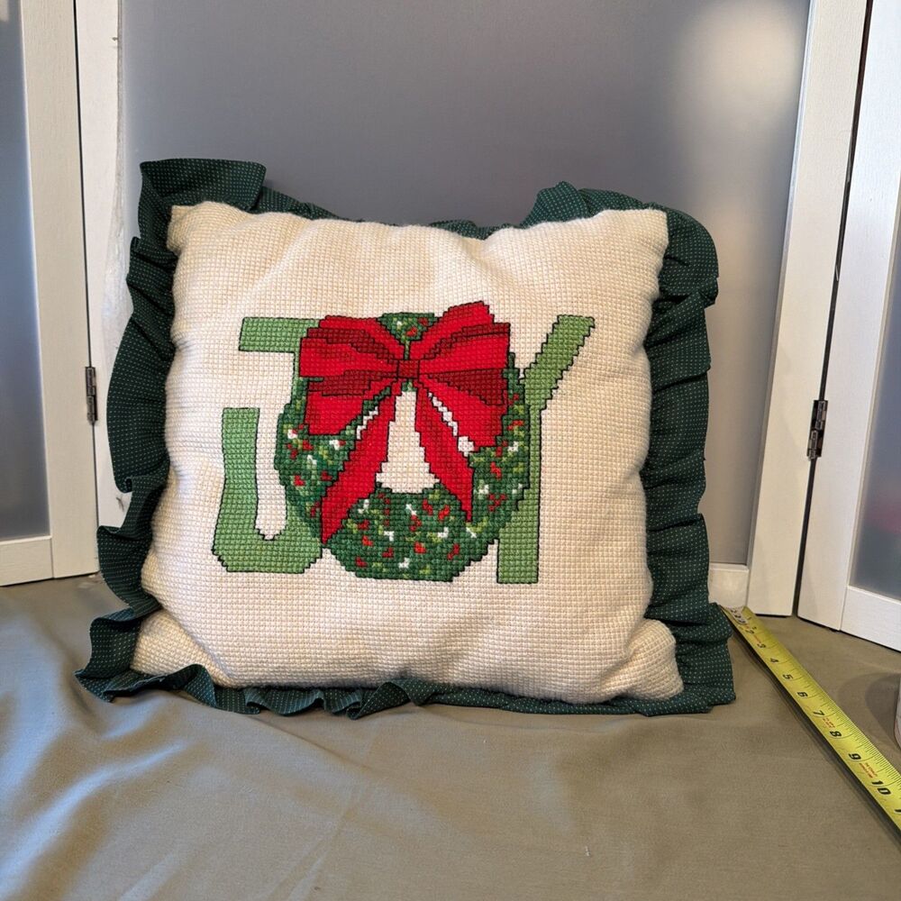 Vtg Needlepoint Crossstitch 14x14 Pillow Joy Holiday Ruffle Handmade
